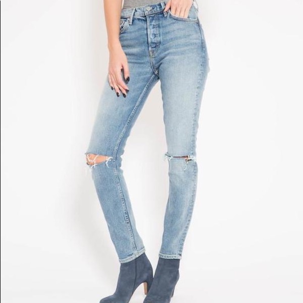 GRLFRND Karolina ripped high waisted jeans in “what is life”